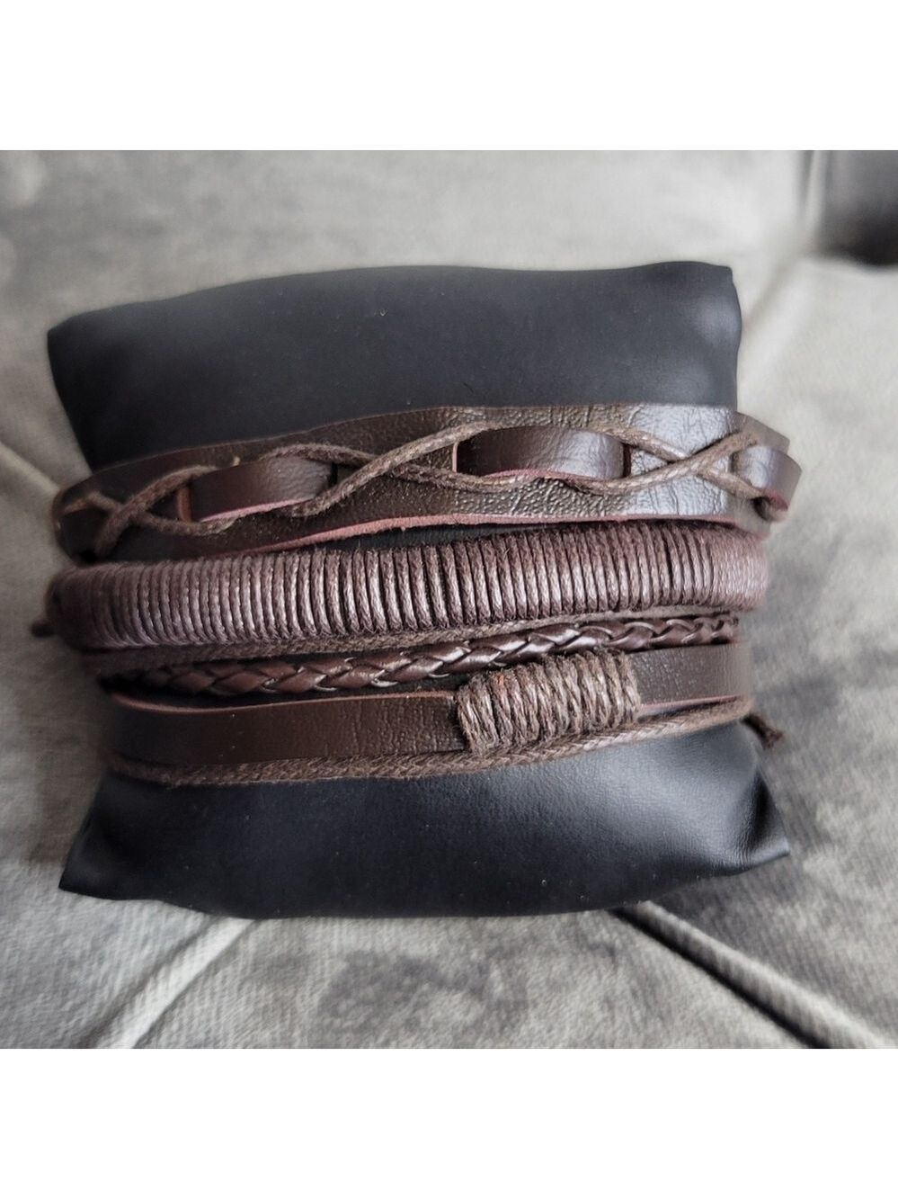 Chocolate Brown Faux Leather Men’s Bracelet Set | 3-Piece Braided & Woven Stack - Picture 3 of 5